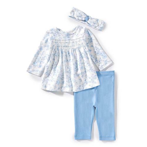 Little Me Baby Girls Long Sleeve Blue Floral Smock Tunic & Legging With Matching Headband Set