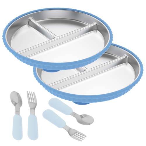 Grusce 2 PCS Stainless Steel Baby Divided Plate, Toddler Plate with Removable Silicone Suction Cup Base, Toddler Dish Set with Spoon and Fork for Home and Outdoor