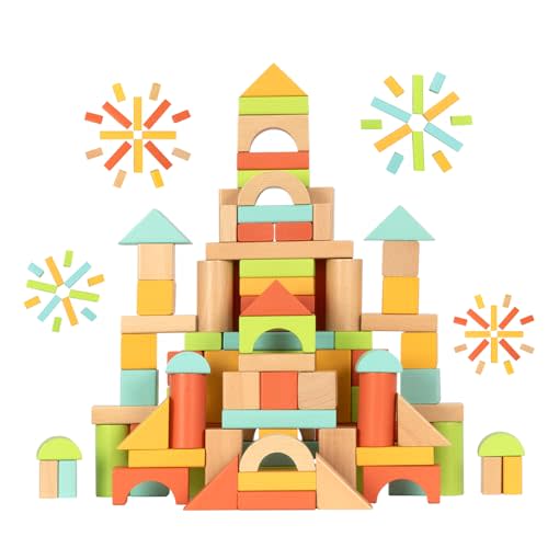 MEEYOO 100pcs Wooden Blocks for Toddlers 1-3, Building Blocks for Toddlers 1-3, Wooden Block for Baby Shower with Storage Bucket, Montessori Toys for Preschool Girls and Boys