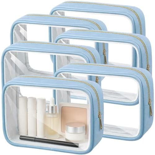 Abbylike 6 Pcs Clear Makeup Bags Bulk PU Leather Cosmetic Pouches Transparent Toiletry Bags with Zipper Waterproof Purse Skincare Car Organizer for Girl Women Travel Gifts(Lake Blue)