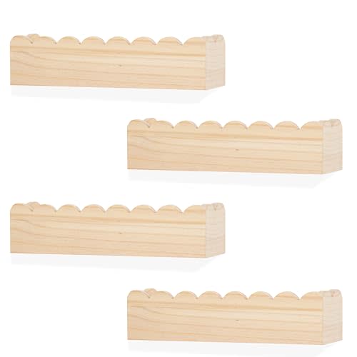 Wood Floating Shelves for Wall,Nursery Bookshelf,Kids Book Shelf,Baby Toys Storage Decor Organizer Wall Mounted for Living Room Bedroom,Wavy Edge,Preassembled,4 Pack,Scalloped Pine(Natural Wood)