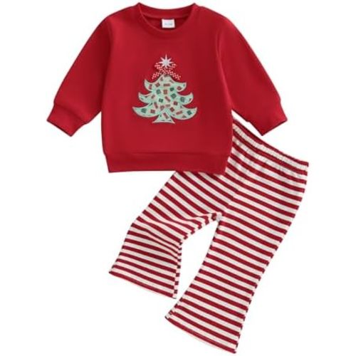 Infant Toddler Baby Girl Christmas Outfit Christmas Tree Embroidery Crewneck Sweatshirt Top Striped Flare Pants Set
