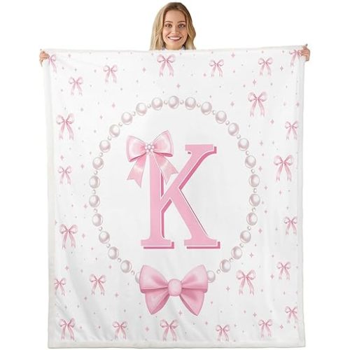 Erosebridal Cute Pink Bow Blanket Throw for Girls - Monogrammed Initial K Blankets Throws for Kids Teen, Princess Pink Ribbon Bows Fleece Blanket 50"x60", Girly Bow Tie Bedroom Room Decor