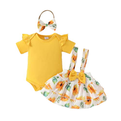 RMGVDSD Baby Girl Outfit Short Sleeve Sunflower Prints Romper Bodysuit Suspender Skirts Headband 3Pcs Outfits Set Girls Clothing 0-3 Months