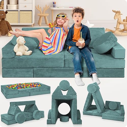 Lunix LX15 14pcs Modular Kids Play Couch, Design-Patent Child Sectional Sofa, Fort-Play Bedroom Playroom Furniture for Toddlers, Convertible Foam, Washable Covers, Oeko-TEX & CertiPUR-US, Sage Teal