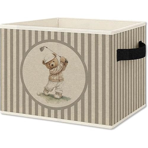 Vintage Golf Bear Storage Bins Box with Handles, Sports Kids Decor for Boys, Neutral Gingham Sports Ball Collapsible Organizer Basket for Nursery Room Bedroom Playroom Toys Books