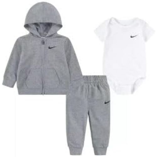 Nike Baby Boy Full Zip Hoodie, Bodysuit And Sweatpants 3 Piece Set (G(56L940-042)/W) (Grey, 6 Months)