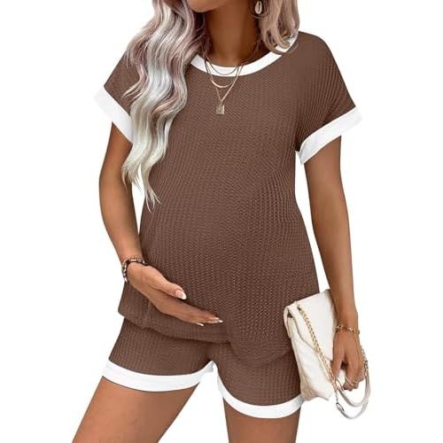 Ekouaer Maternity Pajamas 2 Piece Outfits Waffle Knit Short Sleeve Tops and Shorts Loungewear Set Pregnancy Clothes