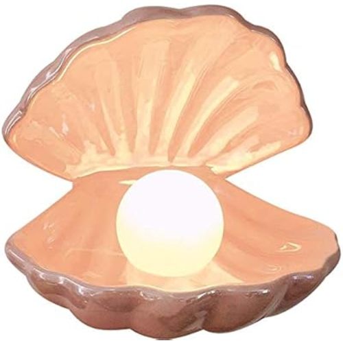 VOSAREA Shell Pearl Light Ceramic Night Light Ceramics Desktop Ornament Portable Night Light for Room Bedroom Living Room (Pink)