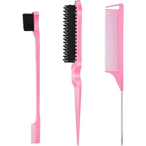 SWEET VIEW 3 Pcs Slick Back Hair Brush, Rat Tail Comb, Edge | Bristle Brush, Hair Accessories for Girls, Kids, Toddlers Sleek Ponytail/Bun, Edge Control and Smoothing Baby Hair & Flyaways