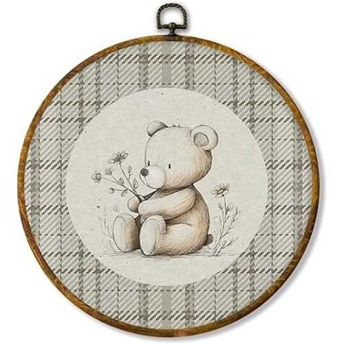 Hiuwevt Vintage Bear Nursery Round Wall Art Decor, Bear Floral Framed Canvas Prints, Neutral Gingham Animal Round Wall Hanging Decor for Kids Boy Girl Nursery Room Bedroom Decorations, 10x10 Inches
