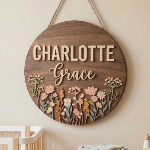 Custom Wildflower Nursery Name Sign, Personalized Round Wooden Plaque with Pastel Floral Design, Boho Baby Girl Room Decor, Newborn Gift