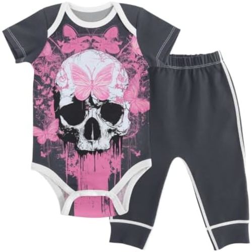Baby Clothes Set Goth Skull Butterfly Pink Infant Bodysuits Pants Sets 0-24M For Boys Girls