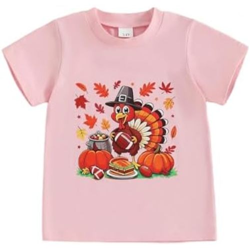 Toddler Girls Thanksgiving Shirts Turkey Pumpkin Print Short Sleeve Crewneck Tee Shirt Fall Top