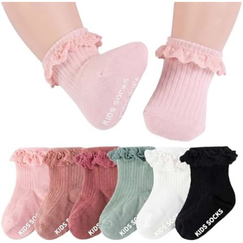 6 Pairs Baby Girl Ruffle Socks with Grips,Non-Slip Grippy Socks