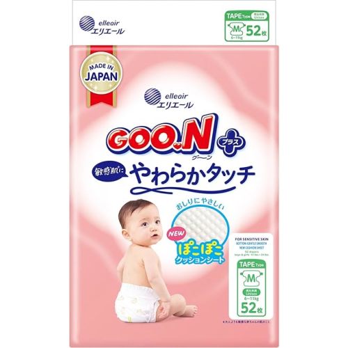 Plus+ Diapers M Size (13 lb to 24 lb) Unisex 52 Count Japanese Tape Straps Sensitive Skin, Made in Japan