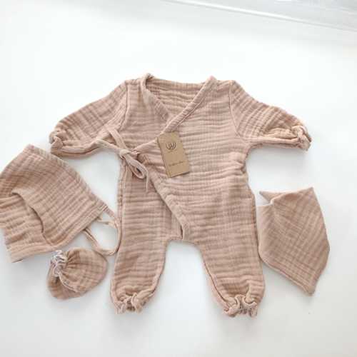 Mink Pink Muslin Newborn Outfit: 4-Piece Kimono Set