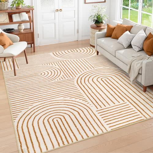 Lahome Abstract Washable Area Rug 6x9, Soft 6x9 Rug for Living Room Ultra-Thin Non Slip Bedroom Rug, Rainbow Orange Throw Carpet for Dining Room(6'x9',Orange)