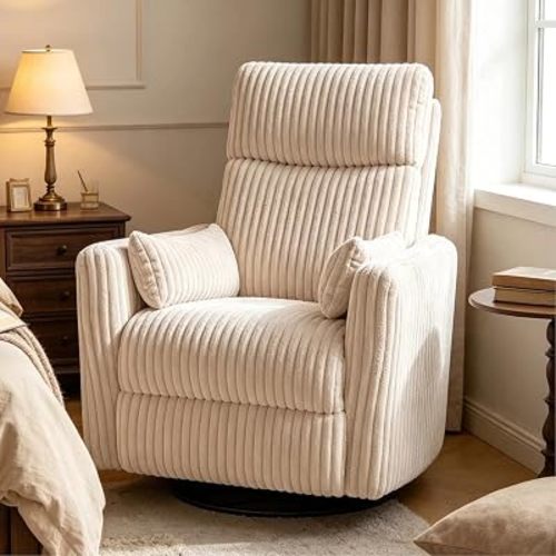 LINSY 220° Swivel Electric Power Recliner Chair, Corduroy Nursing Rocker with USB & Type-C, High Back Adult Comfort Chair with 2 Pillows, Space-Saving for Nursery, Bedroom, Living Room(Beige)