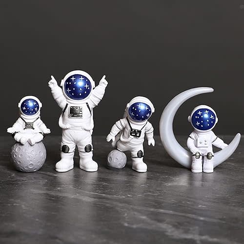 Ni-JASW Blue White Astronaut Statues Set of 4, Spaceman Sculpture Figurines Outer Space Theme Decor for Nursery Room Cake Topper
