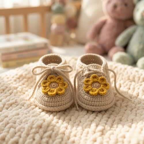 Handmade Crochet Daisy Baby Shoes | Cottagecore Infant Booties (Newborn Girl Gift)