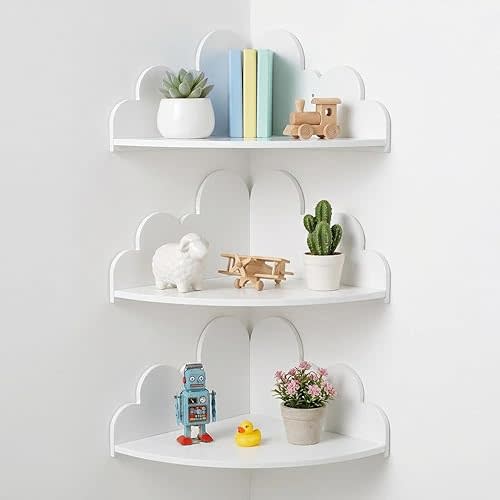 Cloud Floating Corner Shelves - Set of 3 Cloud Corner Wall Shelves for Kid’s Room White Floating Shelf Nursery Wall Deor Small Cute Clouds Dispaly Shelf for Toys Plants & Storage
