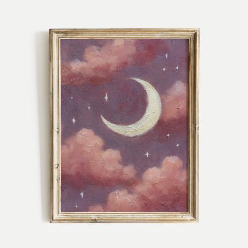 Crescent Moon & Stars Night Sky Oil Painting Style Nursery Poster Print, Purple Celestial Wall Art, Kids Room Decor Gift, No Frame