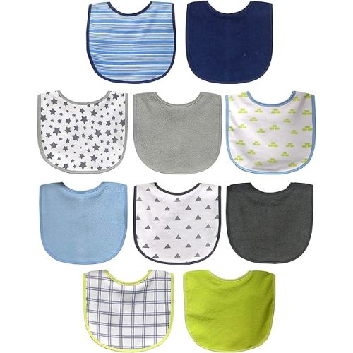Neat Solutions 10 Pack Water Resistant Bib Set Blue/Grey Assorted, 10 Count, 0+ Months