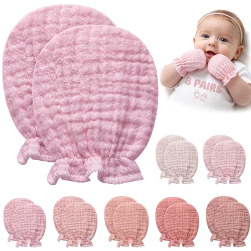 Pro Goleem 8 Pairs Muslin Baby Mittens, Newborn No Scratch Gloves | Soft Cotton Breathable Infant Hand Covers with Adjustable Elastic Wrist, Boys and Girls Baby Essentials Gift Set, 0-6 Months