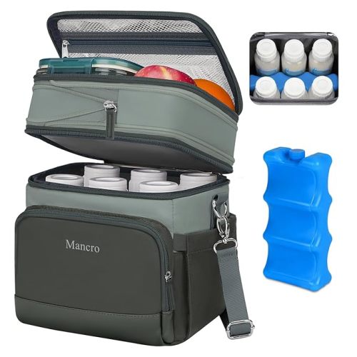 Mancro Breastmilk Cooler Bag with Ice Pack, Expandable Double Layer Breast Pump Bag Fits 6 Bottles Up to 9 Ounce, Baby Bottle Bags for Nursing Moms, Insulation Breast Milk Cooler Travel, Dark Grey