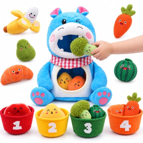 Baby Sensory Toys 6-12 Months Montessori Feeding & Color Sorting Set | Hippo Plush,Number Bowls,Crinkle/Rattle Textures,Toddler Learning&Fine Motor Skills