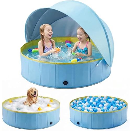 Kiddie Pool with Canopy, Large Foldable Pool with Detachable UPF 50+ Sunshade, 48in Pool Beach Essentials Tent Swimming Pool Dog Pool with Shade, Portable for Outdoor Backyard Beach