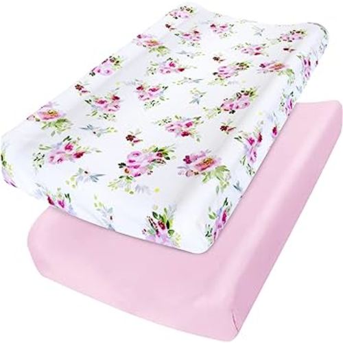 Changing Pad Cover for Girls 2 Pack, Lovely Print Soft Diaper Change Table Sheets, Fit 32"x16" Contoured Pad, Comfy Cozy 2-Pack Cradle Sheets,Floral