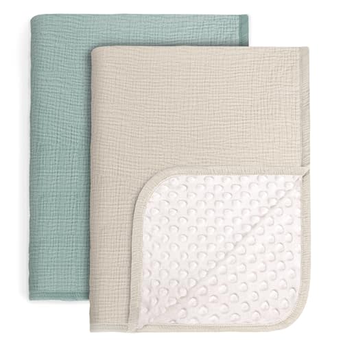 lulumoon Baby Blankets for Newborn Unisex: Thermal Minky Dotted Backing - Muslin Receiving Blanket for Baby Essential & Registry Gift 2Pack 30"x40"(IvorySage)