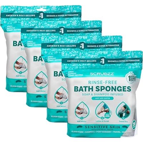 Scrubzz Disposable No Rinse Bathing Wipes for Sensitive Skin - All-in-1 Single Use Shower Wipes, Simply Dampen, Lather, and Dry Without Shampoo or Rinsing (Sensitive Skin, 4-Pack)