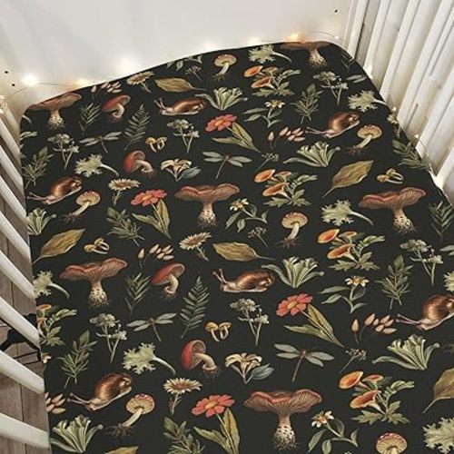 Fairytale Mushroom Baby Crib Sheets for Boy Girl 52x28Inch Retro Mushrooms Floral Leaves Soft Snug Fitted Crib Mattress Cover Magical Plant Baby Sheet for Standard Crib & Toddler Bed Mattress
