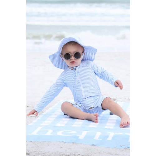 Long Sleeve Rash Guard Swim Romper Shortie | Seersucker Blue