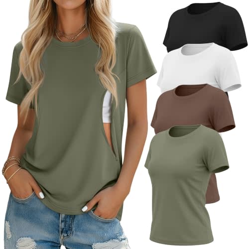 Oakgarden 4 Pack Women's Nursing Breastfeeding Shirts with Zipper Loose Fit Short Sleeve Maternity Top Nursing Clothes