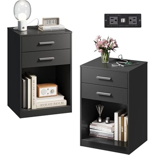 WLIVE Nightstands Set of 2 with Charging Station, Bedside Table with Drawer