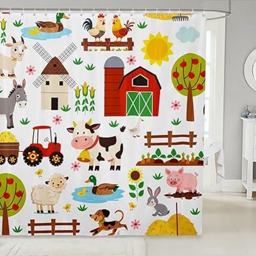 Feelyou Cartoon Tractor Bath Curtain Cute Farm Animals Bathroom Shower Curtain Set Kids Toddler Farmhouse Shower Curtain Cute Farm Animals Kids Bathroom Accessories 72"x72"