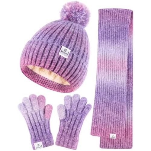 Kids Winter Beanie Gloves Scarf Set,Girls Toddler Winter Hat With Pom Neck Warmer Gaiter Mittens Fleece Lined Set
