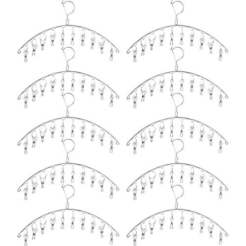Suwimut 10 Pack Laundry Drying Rack Clothes Hanger with 10 Clips, Stainless Steel Clothes Drying Rack Sock Hangers Windproof Clip and Drip Hanger for Drying Socks, Bras, Towel, Underwear, Diapers