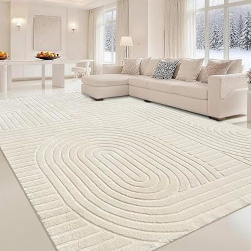 Beige Solid Area Rug 8x10, Washable Rugs for Living Room Bedroom