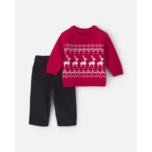 Baby Boy 2-Piece Reindeer Fair Isle Sweater & Pant Set - Red/Black | Carter's
