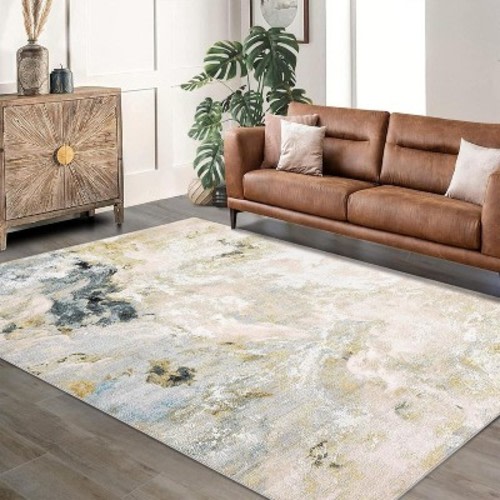 Machine Washable Non-Slip Rubberback Runner Modern Abstract Geometric Print Carpet Traditional Area Rug for Hallway, Bedroom, Living Room, 5x7, Beige