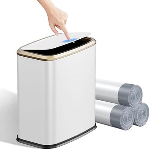 2.1 Gallon Bathroom Trash Can with Lid Press Top, 8 Liter Stainless Steel Garbage Can with Press Type Lid, Slim Trash Bin Waste Basket for Toilet, Office, Bedroom, Living Room (White)