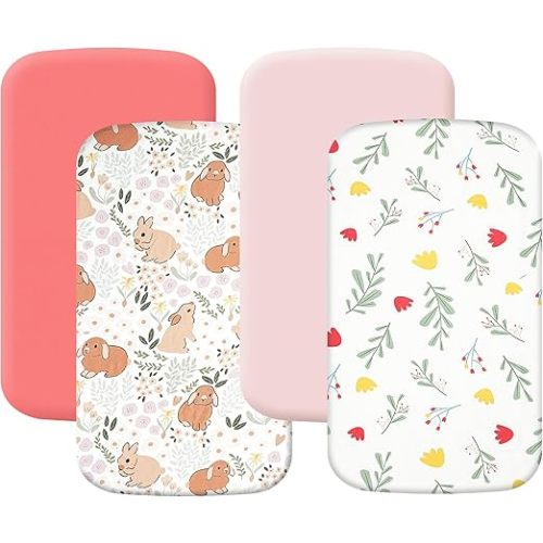 4 Pack Bassinet Sheets (20" x 33"), Compatible with Angelbliss, YADAQE, Maxi-COSI Iora/Swift, Pamobabe, BIERUM and Papablic Baby Bassinet, Soft and Skin-Friendly, Pink Rabbit