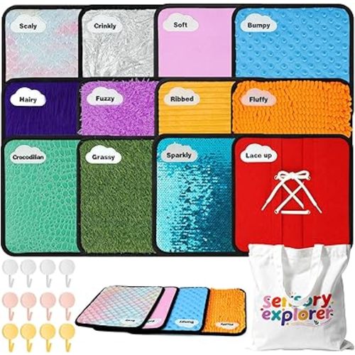 Large Sensory Mats 10 x10 Inch Textured Labeled Sensory Tile 12PCS Sensory Wall Panels with Hooks&Storage Tote,Tactile Sensory Toys for Autism,Calming Corner Classroom,Special Needs Education