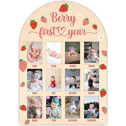 Berry First Year Photo Board Frame, 12 Monthly Baby Milestone Wooden Sign, Gender Neutral Nursery Decor for Girl Boy, Baby Keepsake Gifts for 1st Strawberry Birthday Decorations-A07