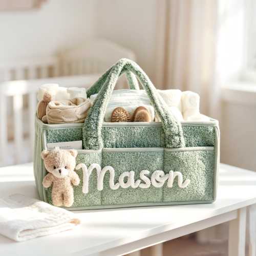 Personalized Plush Baby Storage Basket:  Soft Bin Side Pockets, Custom Nursery Organizer with Bear